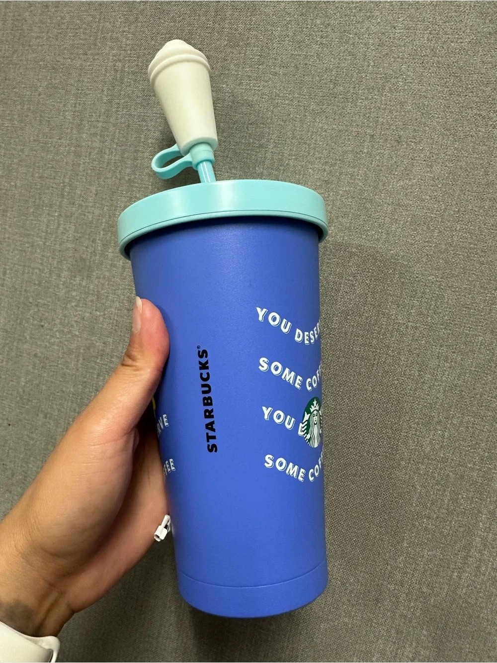 Starbucks Blue Tumbler with Light Blue Lid and Multicolor Accents